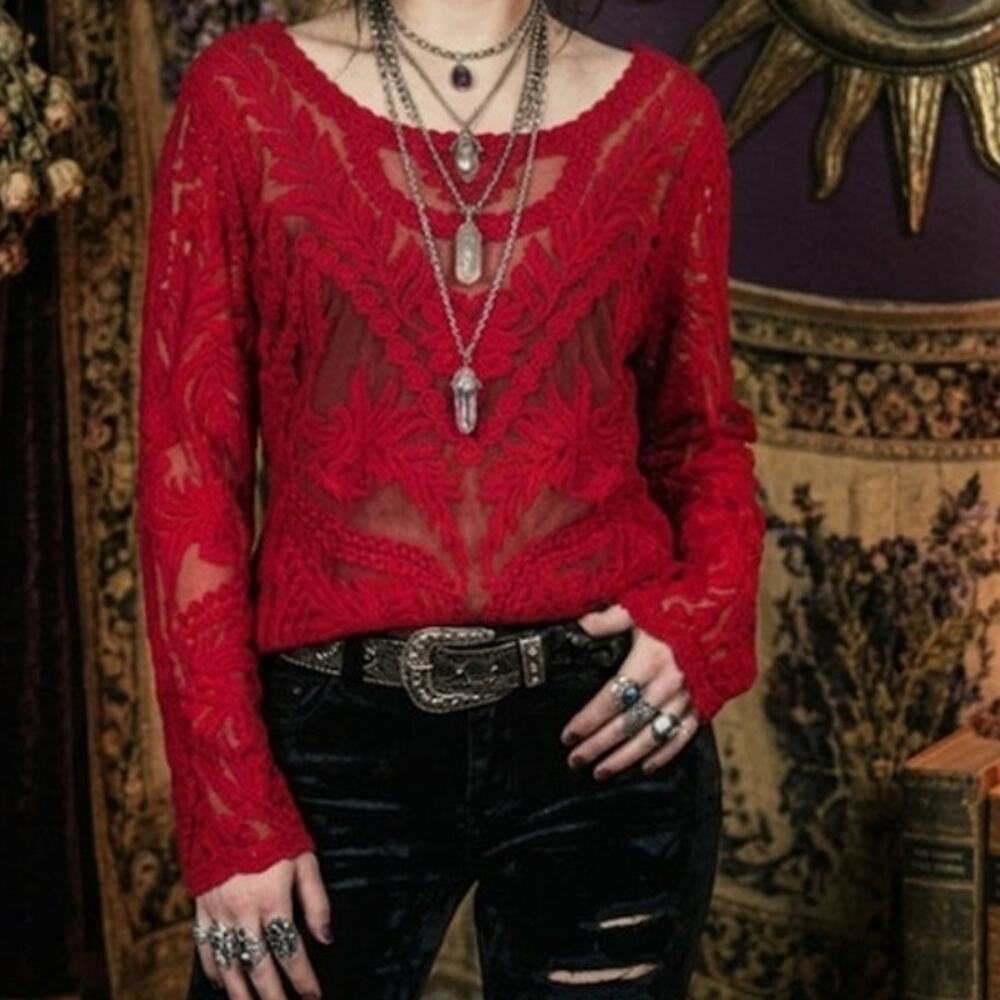 EXPRESS Vampy Lace Top Size Large Mesh Goth Whimsygoth Red y2k Romantic Gothic